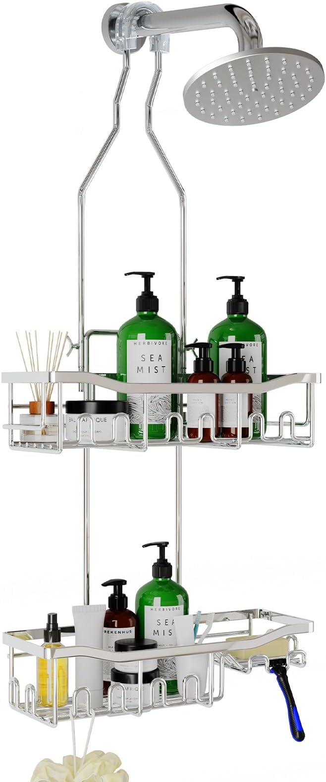 Upgraded Extended Length Shower Organizer with Hooks, Rustproof Shampoo Soap Holder, Large Hanging Bathroom Caddy, Silver by Joqixon