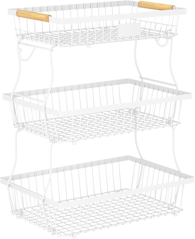 3 Tier Fruit Basket for Kitchen Counter with 2 Banana Hangers, Countertop Metal Fruit Bowl with Wooden Handle, Large Storage Stand for Vegetables, Snacks, Breads, Produce Storage – White by Unknown