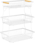 3 Tier Fruit Basket for Kitchen Counter with 2 Banana Hangers, Countertop Metal Fruit Bowl with Wooden Handle, Large Storage Stand for Vegetables, Snacks, Breads, Produce Storage – White by Unknown