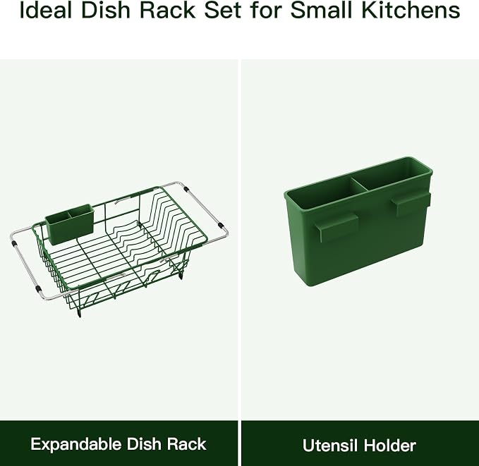 Green Dish Drying Rack Over The Sink with Utensil Holder | Expandable Stainless Steel Dish Drainer for Small Kitchen, Apartment, RV, Counter Space Saving, Perfect Fit, Rustproof - Image 9