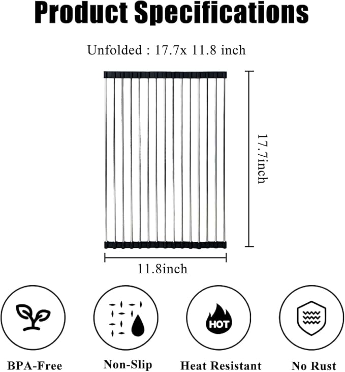 Roll Up Dish Drying Rack 17.5''x11.8'' Black | Kitchen Rolling Dish Drainer, Foldable Sink Rack Mat Stainless Steel Wire Dish Drying Rack for Kitchen Sink Counter Storage - Image 3
