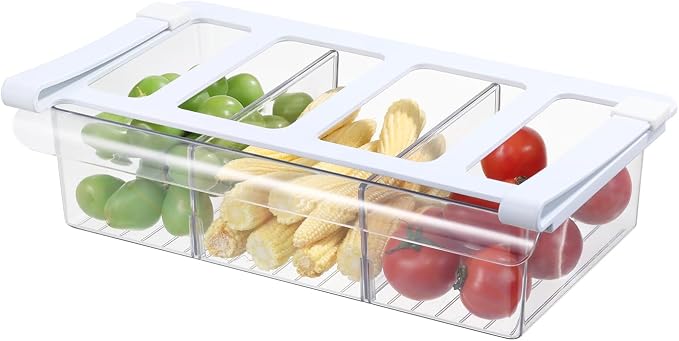 Pull-Out Fridge Drawer Organizer - Under Shelf Storage Bins for Refrigerator Organization for Fruits Vegetables, Cheese & Deli (3.35" Height x 12.7" Width + dividers) by Bronkeeper