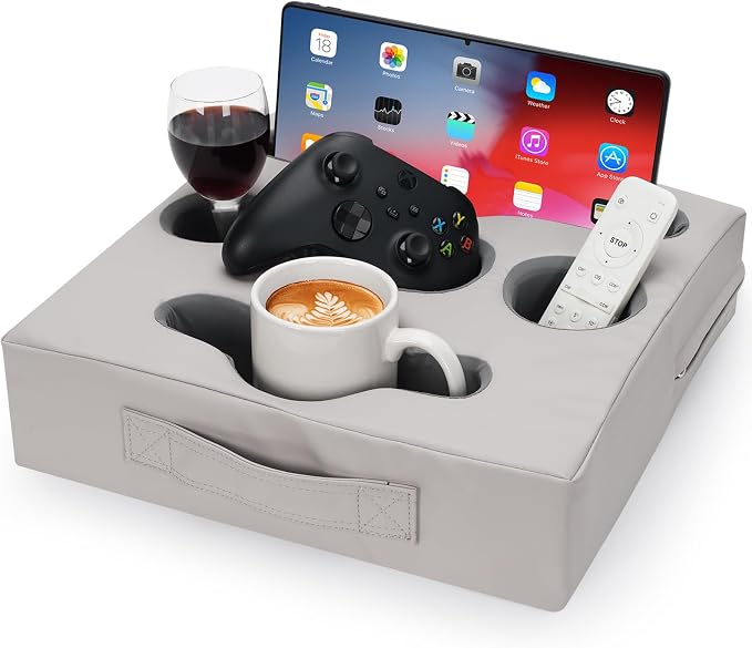 Couch Cup Holder Pillow Tray - Sofa Drink Cup Holder Cozy Buddy | Bed Caddy Organizer for Remote, Snacks Beverage, Phones, Tablet | Use it on Car, Pack, Beach, RV, Boat, Bedroom (Silvergrey) by STBoo