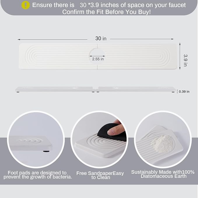 30 Inch Stone Faucet Mat for Kitchen Sink quick dry around faucet | Sink Splash Guard Water Absorbing Stone Tray for Sink, Counter Protector Matt for Kitchen & Bathroom - Image 2
