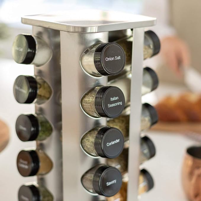 20 Jar Rotating Spice Rack with Spices Included & 5-Year Free Spice Refill Program – Stainless Steel Countertop Spice Rack with 3 oz Glass Jars | 5-Year Free Spice Refill Program, Stainless Steel Countertop, 3 oz Glass Jars - Image 4
