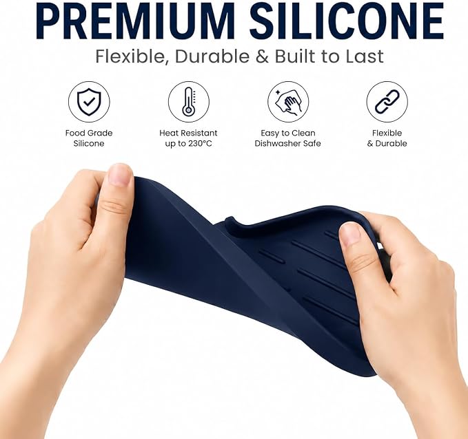 MicoYang Silicone Soap Dish with Drain Spout — Self-Draining Sink Organizer Tray for Bathroom & Kitchen, Sponges, Dispensers & Soap Holder, Non-Slip & Dishwasher Safe, Navy Blue (Medium, 9.6"×5.3") - Image 8