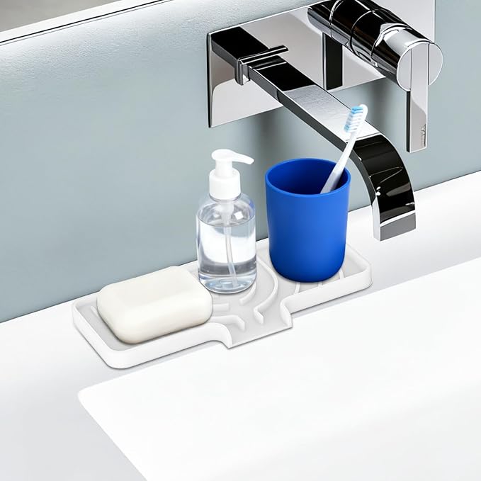 JACZZO Silicone Sponge Holder for Kitchen Sink With Drain Spout, Self Draining, Kitchen Soap Tray, Bathroom Organizer, Sink Caddy (White, 10" x 4") - Image 5