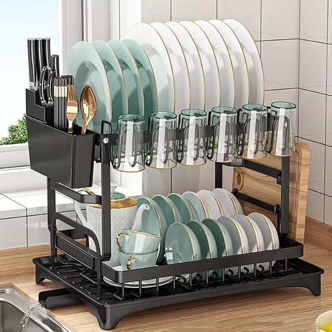 Dish Drying Rack with Drainboard, 2-Tier Foldable Stainless Steel Dish Rack with Utensil Holder, Cup Rack & Cutting Board Holder for Countertop by Unknown