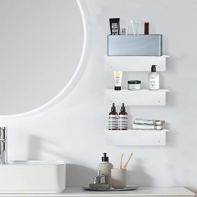 9 Inch Acrylic Floating Shelf No Drill Adhesive Wall Shelf Set of 2 for Funko Pop Storage, Floating Shelves Damage-Free Expand Wall Space for Living Room, Bathroom, Gaming Room, Office - White - Image 6