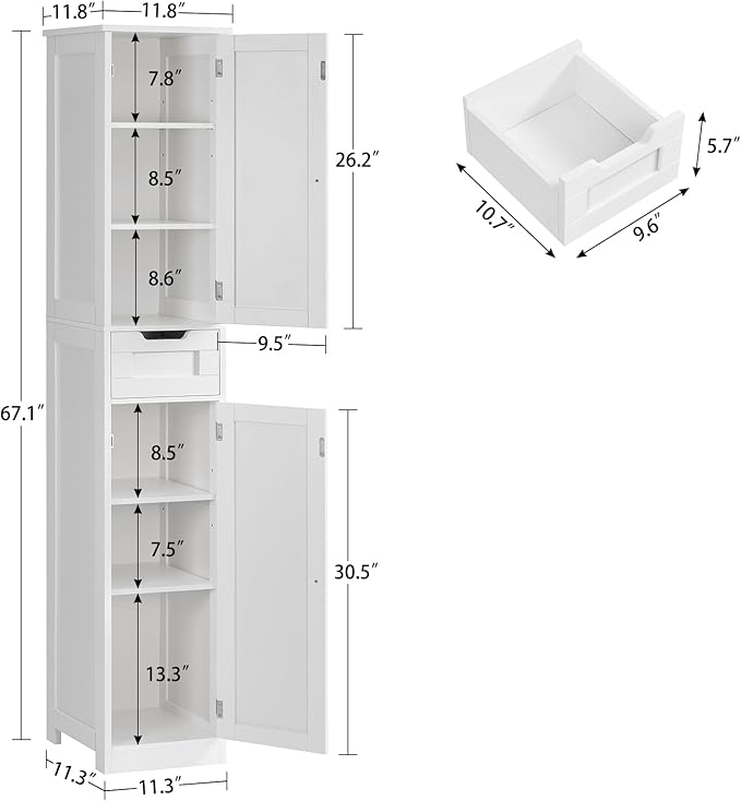 Iwell Tall Bathroom Cabinet, Slim Narrow Bathroom Storage Cabinet with Adjustable Shelves, Storage Cabinets with 1 Drawer, for Bathroom, Living Room, Entryway, Kitchen, White - Image 3