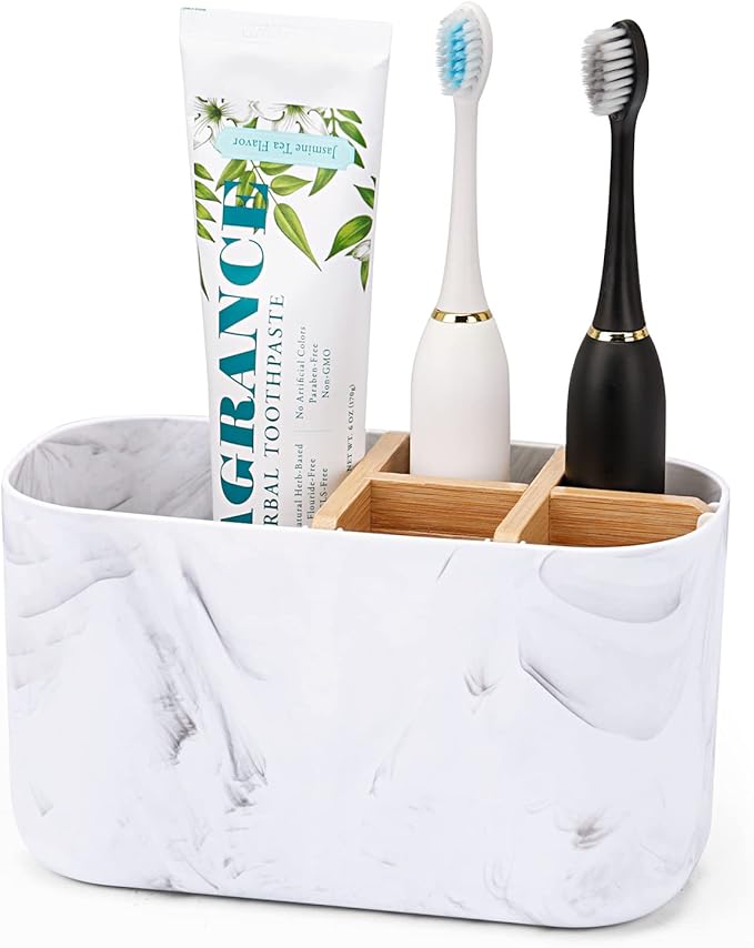 GFWARE Toothbrush Holders for Bathrooms, 5 Slots Bamboo Toothbrush Holder Kids Electric Toothbrush Holder and Toothpaste Holder for Bathroom Countertop Accessories Storage, Marble Toothbrush Organizer | 5 Slots Kids Electric Toothbrush and Toothpaste H... by GFWARE