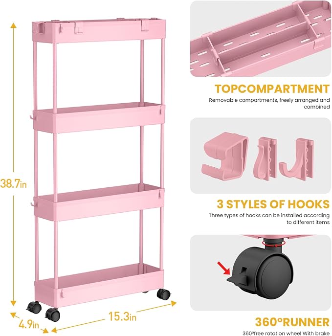 Slim Storage Cart 4 Tier,Bathroom Organizer Rolling Utility,Mobile Shelving Unit Slide Out for Office, Kitchen, Laundry Room & Narrow Places,Pink - Image 3