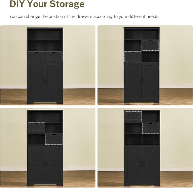 Storage Cabinet with Doors & 2 Drawers, Kitchen Cabinet with Adjustable Shelf, Pantry Cabinets, Bathroom Cabinets, for Living Room, Entryway, Home Office, Black - Image 8