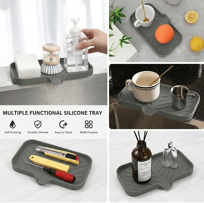 MicoYang Silicone Soap Dish with Drain Spout — Self-Draining Sink Organizer Tray for Bathroom & Kitchen, Sponges, Dispensers & Soap Holder, Non-Slip & Dishwasher Safe, Grey (Medium, 9.6"×5.3") - Image 5