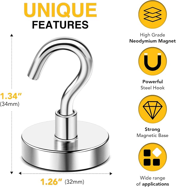 DIYMAG Magnetic Hooks, 120lbs 10pcs Cruise Cabin Essentials Heavy Duty N52 | Strong Neodymium Rare Earth Magnets, for Kitchen, Classroom, Beach, Cruise Cabins, Refrigerator, Hanging Key Clothes Wall Hat - Image 4