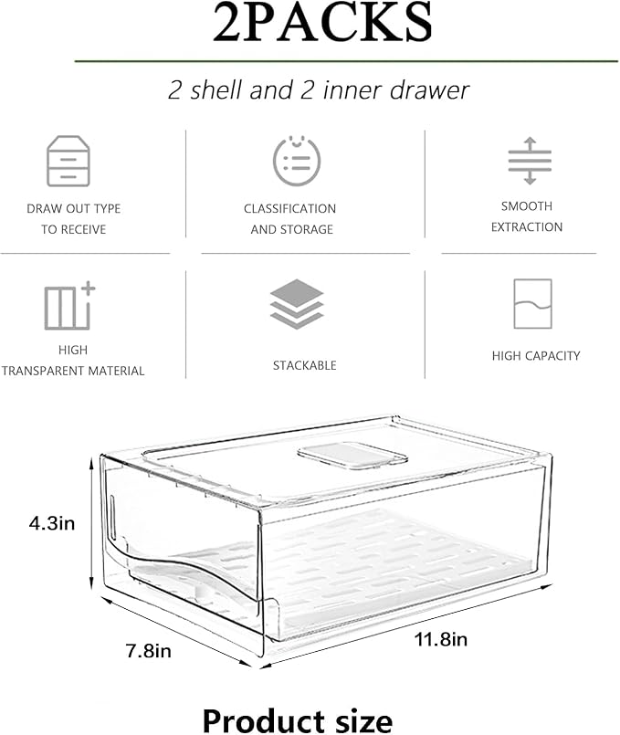 Fridge Organizers and Storage, BPA-Free Large Capacity Stackable Clear Fridge Organizer, With Strainer Layer Keep Fruits, Vegetables and Meat Fresh in refrigerator, freezer, Food Storage ( 2 Drawers) - Image 4