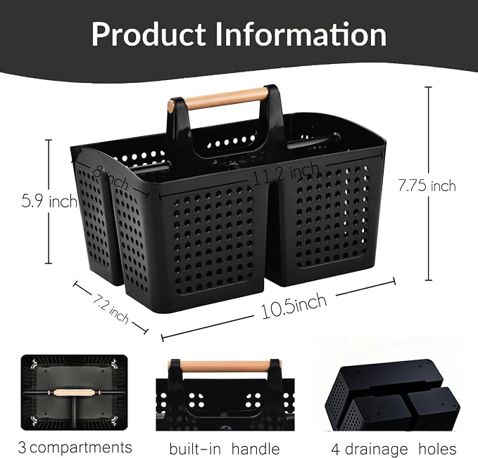 Portable Shower Caddy Basket with 3 Compartments and Handle, Black | Plastic Divided Cleaning Caddy Organizer for Bathrooms, Dorm Rooms, Gyms, Laundry Rooms, Garages and RV Storage - Image 2
