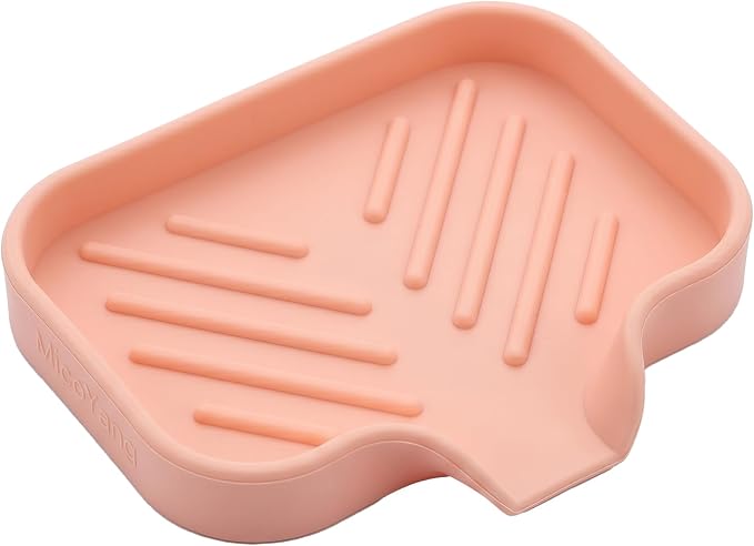 MicoYang Silicone Soap Dish with Drain Spout, Self-Draining Sink Organizer Tray for Bathroom and Kitchen, Sponges, Dispensers and Soap Holder, Non-Slip and Dishwasher Safe, Pink (Compact, 4.9"×3.2") by MicoYang