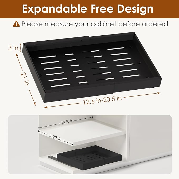 2 Pack Expandable Pull Out Cabinet Organizer 21" Deep, Adjustable Width 12.6"-20.5", No Drill Adhesive with Triple Track Rails, Heavy Duty Slide Out Drawers for Kitchen, Pantry, Cabinets,Black - Image 2