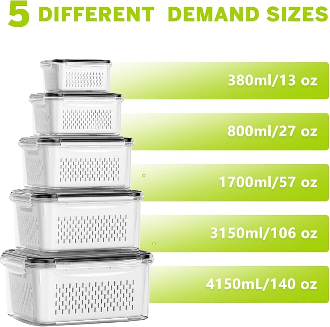 5 Pack Fruit Storage Containers for Fridge, Plastic Fruit Containers Set | with Removable Colanders, Leakproof Fridge Organizers and Storage for Berry Vegetables Salad Lettuce Meat, Dishwasher Safe - Image 3