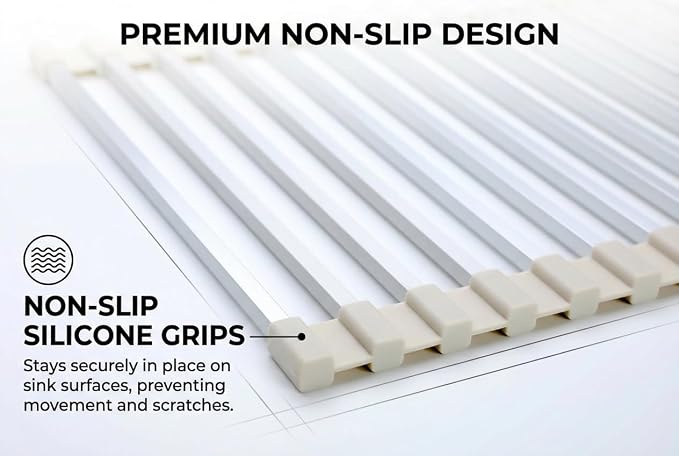 Large Aluminum Roll Up Dish Drying Rack 20.5" x 13" with Dish Holder | Square aluminum bars, Available in 3 sizes & 2 colors, Rolls up for easy storage, Removable dish holder, Heat resistant - Image 3