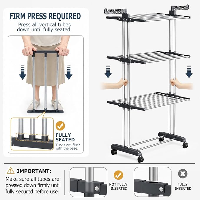 Upgraded 4-Tier Clothes Drying Rack, Drying Rack Clothing with Wheels | Large Foldable Laundry Drying Rack, Clothes Rack with Side Hooks for Indoor Outdoor Air Drying, 19.68"D x 29.9"W x 67.7"H - Image 4