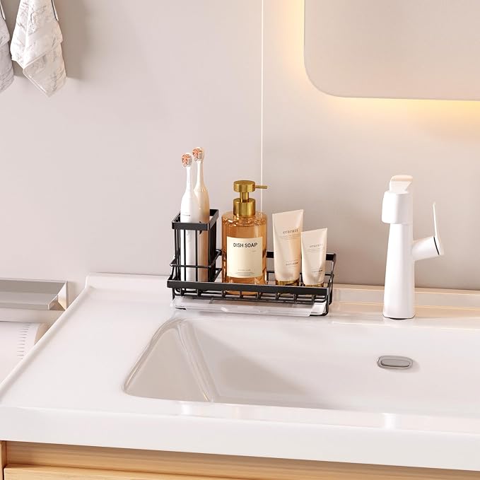 Consumest Sponge Holder for Kitchen Sink - Kitchen Sink Caddy Organizer with Removable Drip Tray for Countertop Dish Soap Dispenser Brush Storage Accessories 304 Stainless Steel - Black - Image 9