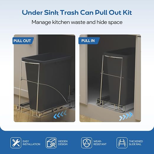 Pull Out Trash Can Under Cabinet & Under Sink, Heavy Duty Slider Organizer | Adjustable Cabinet Garbage Can Rack, Fits 30-40Qt Bins, Requires 13"W x 18"D Cabinet Opening, Chrome Finish, Can Not Included - Image 2