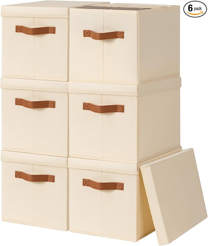 Storage Bins with Lids - Fabric Storage Baskets for Shelves, 6 Pack Foldable Decorative Boxes with Handles, Stackable Organizer Bins for Home, Nursery, Dorm, Beige by Homsorout