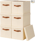 Storage Bins with Lids - Fabric Storage Baskets for Shelves, 6 Pack Foldable Decorative Boxes with Handles, Stackable Organizer Bins for Home, Nursery, Dorm, Beige by Homsorout