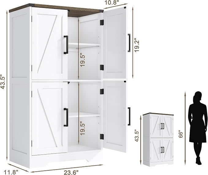 Treocho Farmhouse Bathroom Floor Cabinet with Adjustable Shelves | 11.81"D x 23.62"W x 43.46"H, Freestanding Kitchen Pantry Cabinet, Cupboard for Living Room, Dining Room, White - Image 2