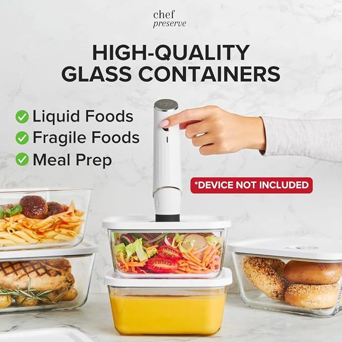 Chef Preserve Glass Vacuum Seal Containers for Food Storage, Made For Compact Vacuum Sealer, 3pcs set [1x Small, 1x Medium, 1x Large] Works With Handheld Vacuum Sealer Machine - Image 3