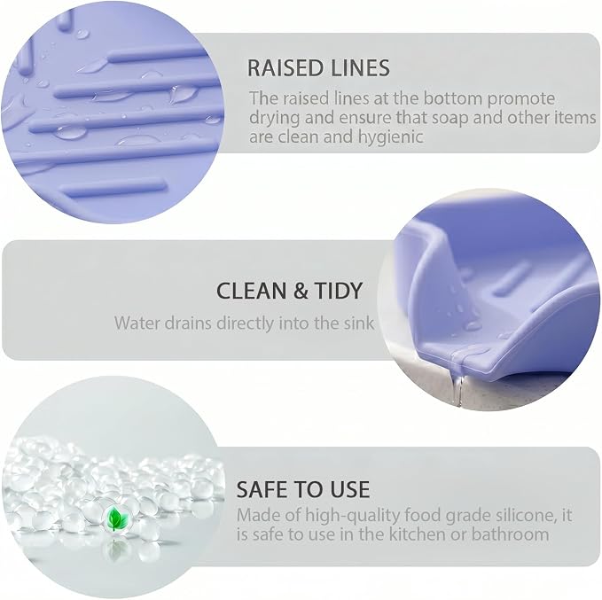 MicoYang Silicone Soap Dish with Drain Spout, Self-Draining Sink Organizer Tray for Bathroom & Kitchen, Sponges, Dispensers & Soap Holder, Non-Slip & Dishwasher Safe, Light Purple (Compact, 4.9"×3.2") - Image 8