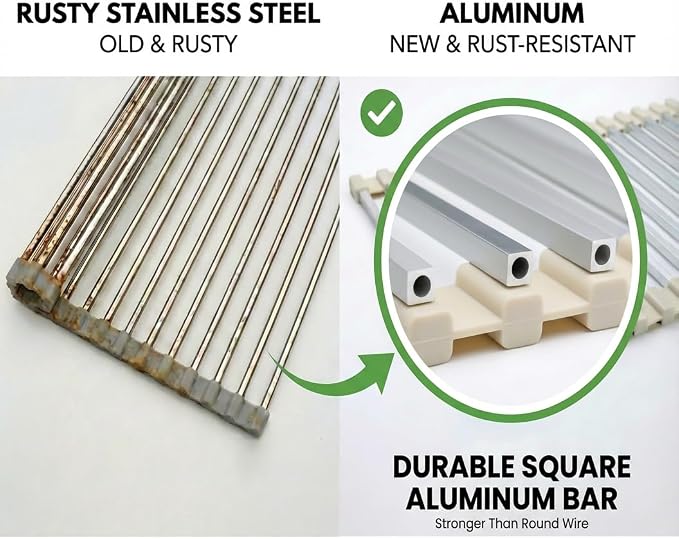 Medium Aluminum Roll Up Dish Drying Rack 17" x 13" with Dish Holder | Square aluminum bars, Available in 3 sizes & 2 colors, Rolls up for easy storage, Removable dish holder, Heat resistant - Image 4
