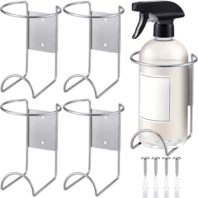 CroBlissful 4 Pcs Spray Bottle Holder Wall Mount Heavy Duty Spray Bottle Rack Stainless Steel Storage Rack Garage Can Organizer Craft with Hardware (Silver) by CroBlissful