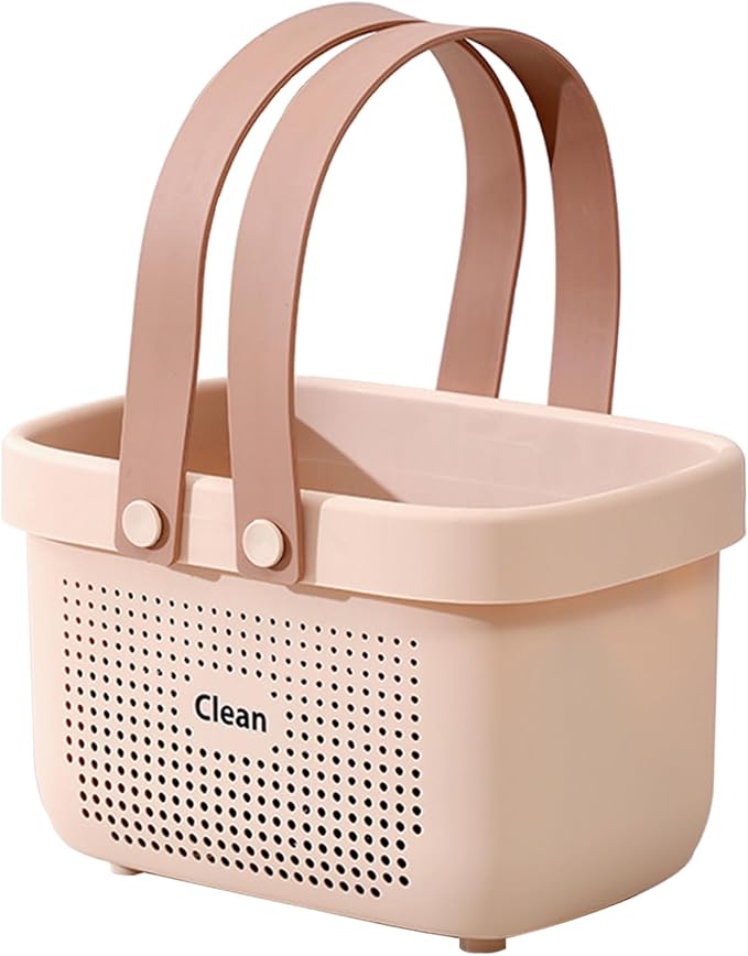Portable Shower Caddy Basket with Handles Plastic Storage Basket Small Pink | Sturdy Drainage Large Capacity Organizer Basket with Silicone Handles for Bathroom Kitchen Bedroom College Dorm Essentials by JiatuA