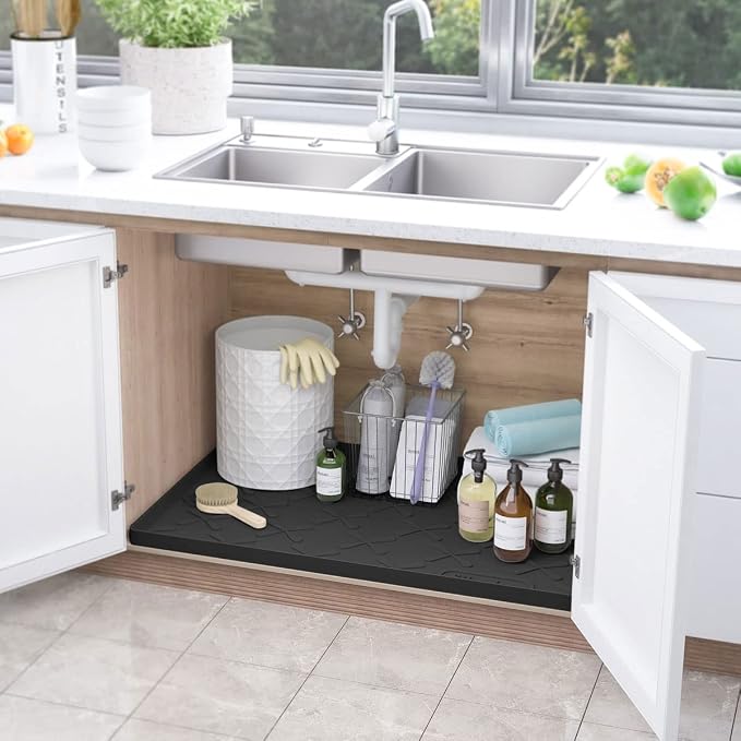 Waterproof Under Sink Mat 22" x 22" Silicone Mat Cabinet Protector | Heavy Duty Kitchen Cabinet Liner, Easy Press Drain, Home Essentials for Pet Feeding, Boots, Bathroom, Organizers & Storage - Image 2