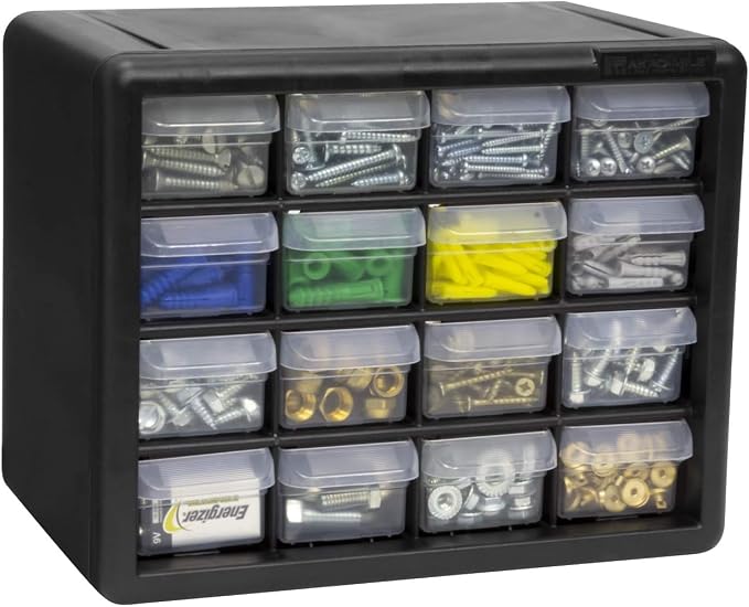 Akro-Mils 16-Drawer Plastic Storage Cabinet, 10.5"W x 6.5"D x 8.5"H, Black | Plastic Cabinet w/ Drawers for Garage Organization, Beads, Makeup Organizer, Building Bricks Storage, Teacher Toolbox, 10116 - Image 12