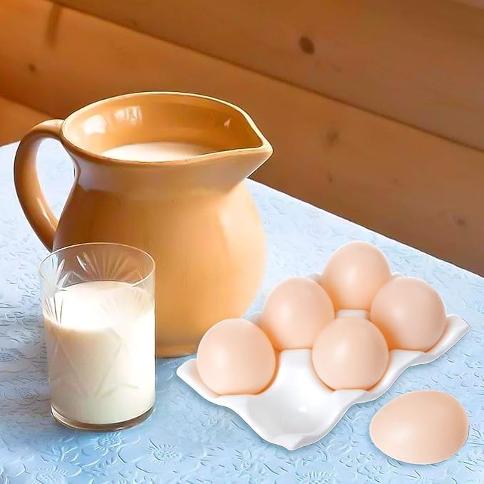 Ceramic 6 Cups Egg Tray - Half Dozen Porcelain Egg Holder Container Keeper Storage Organizer Decorative Serving Dish Plate for Refrigerator Fridge Countertop Display Kitchen Home (White) - Image 5