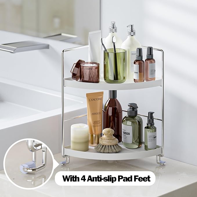 KINGNERWI 2-Tier Bathroom Counter Organizer, Vanity Corner Shelf, Silver | Makeup Skincare Storage Tray, Small Countertop Rack, Stores Cosmetics, Perfume, Seasoning, Fits Sink and Dresser - Image 5