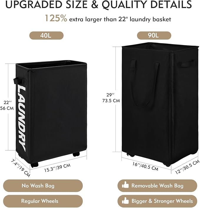 DOKEHOM 90L X-Large Rolling Laundry Basket Hamper on Wheels, Black | Collapsible clothes hamper with removable mesh wash bag. High-capacity foldable washing bin organizer - Image 3