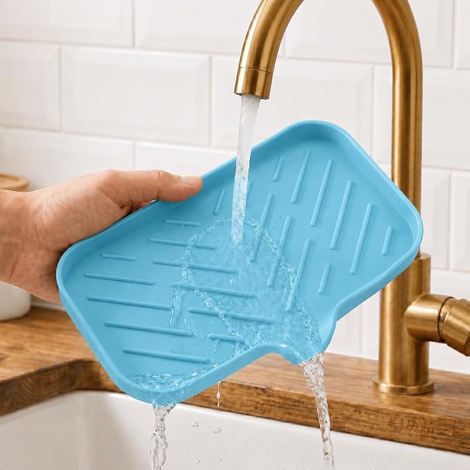 MicoYang Silicone Soap Dish with Drain Spout — Self-Draining Sink Organizer Tray for Bathroom & Kitchen, Sponges, Dispensers & Soap Holder, Non-Slip & Dishwasher Safe, Light Blue (Medium, 9.6"×5.3") - Image 9