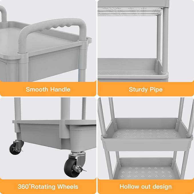 4 Tier Rolling Utility Cart with Drawer,REBECAT Utility Cart Made of Multifunctional Storage Organizer Tool for Kitchen,Bathroom,Living Room,Office(Gray) - Image 2