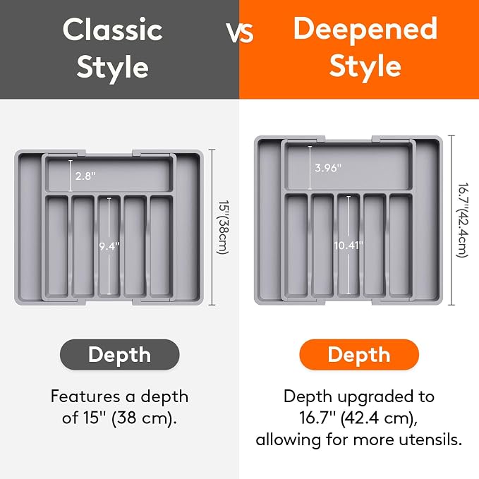 Lifewit Extra Large Silverware Drawer Organizer, Expandable Utensil Tray | BPA Free Flatware Cutlery Holder for Kitchen, Adjustable Plastic Storage for Spoons Forks Knives, 13-22.4 x 16.7", Gray - Image 2