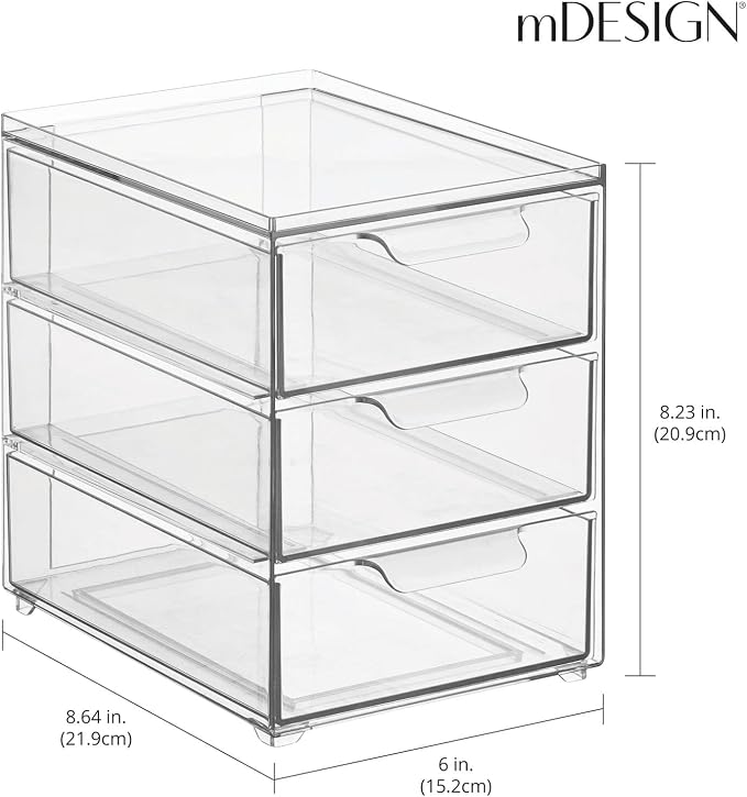 mDesign Plastic Stackable 3-Drawer Kitchen Storage Organizer - Bin with Divided Pull-Out Drawers for Pantry, Shelf, Fridge/Refrigerator, and Freezer Organization - Lumiere Collection - Clear - Image 3