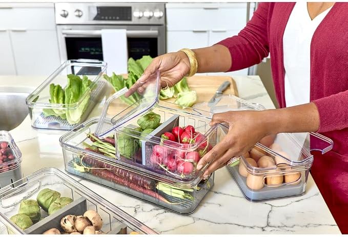 iDesign Crisp Produce Plastic Refrigerator and Modular Stacking Pantry Bin with Lid and Removable Inner Basket, Perfect for Washing Vegetables, Fruit, Lettuce, BPA Free 15.72" x 6.32" x 3.76" | Drain Tray, For Fruits & Veggies, Clear - Image 6