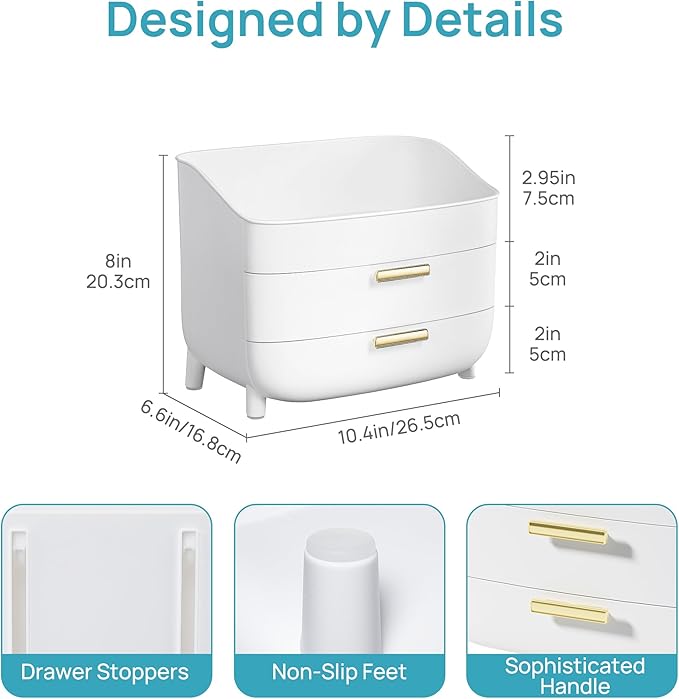 Vtopmart 3-Tier Skincare Makeup Organizer with Drawers, White | For Vanity,Dresser and Bathroom Countertop, Large Cosmetic Storage Box Case, , With Drawer, Non-Slip Base - Image 2