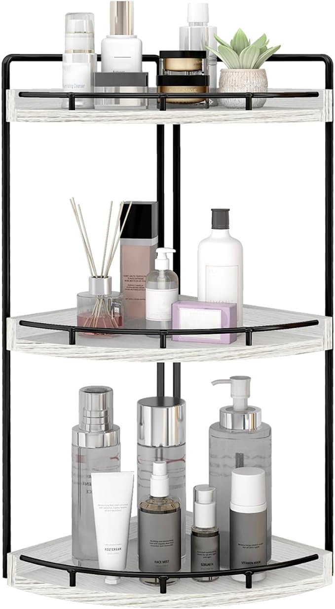 Dorhors Corner Bathroom Organizer Countertop,Vanity Counter Storage Shelf | 3 Tier Rustic White Stand Rack Holder for Kitchen,Dresser,Restroom,Wood Bathroom Sink Tray for Makeup,Perfume,Skincare,Lotion by Dorhors
