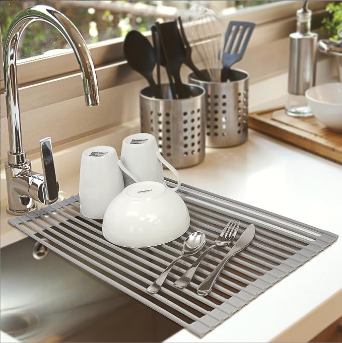 Ahyuan Large Roll up Dish Drying Rack Silicone Foldable Rack Over Sink Dishes Drainer Roll-up Sink Drying Racks Full Silicone Coated Stainless Still Dish Drying Rack (Warm Grey, 17.7''X13.13'') - Image 8