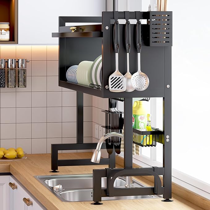 Verida Over the Sink Dish Drying Rack 3 Tier, Over Sink Dish Drain Drying Rack for Kitchen Storage of Dishes and Cutlery, Space Saving Dish Rack with Cover, Black - Image 4